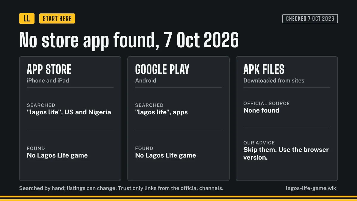 Result of searching the App Store and Google Play for a Lagos Life game on 7 October 2026